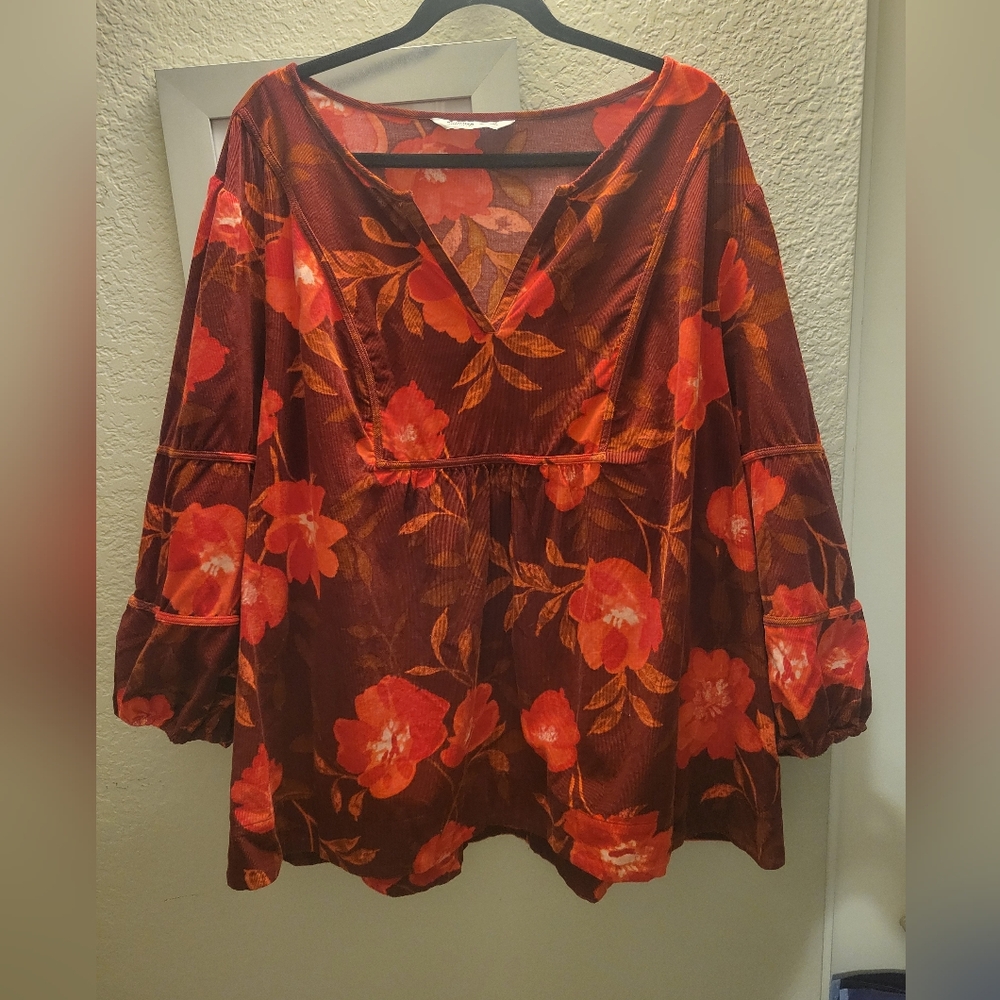 Sonoma Goods For Life Corduroy Puff‎ Sleeve Boho Peasant V Neck Top Sz 4X